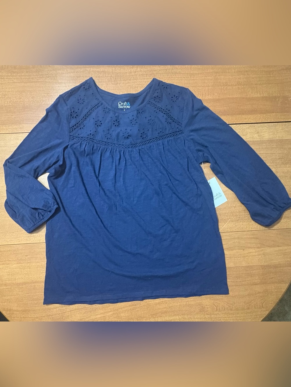 croft & barrow Navy Blue Eyelet Yoke Long-Sleeve Tee
